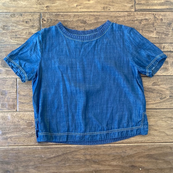 Zara Woman Chambray Short Sleeve Top Small Blue Sweater Knit Back Workwear - Picture 1 of 7